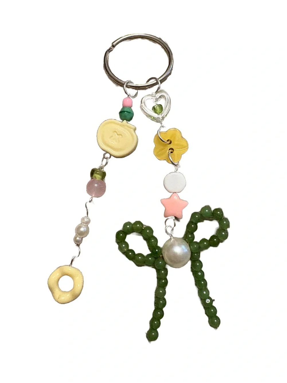 Handmade Green Bead Bow Keyring with Pastel Charms